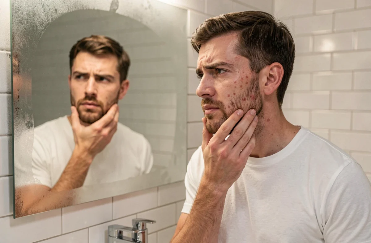 Homme examinant sa barbe naissante et clairsemée dans le miroir de sa salle de bain