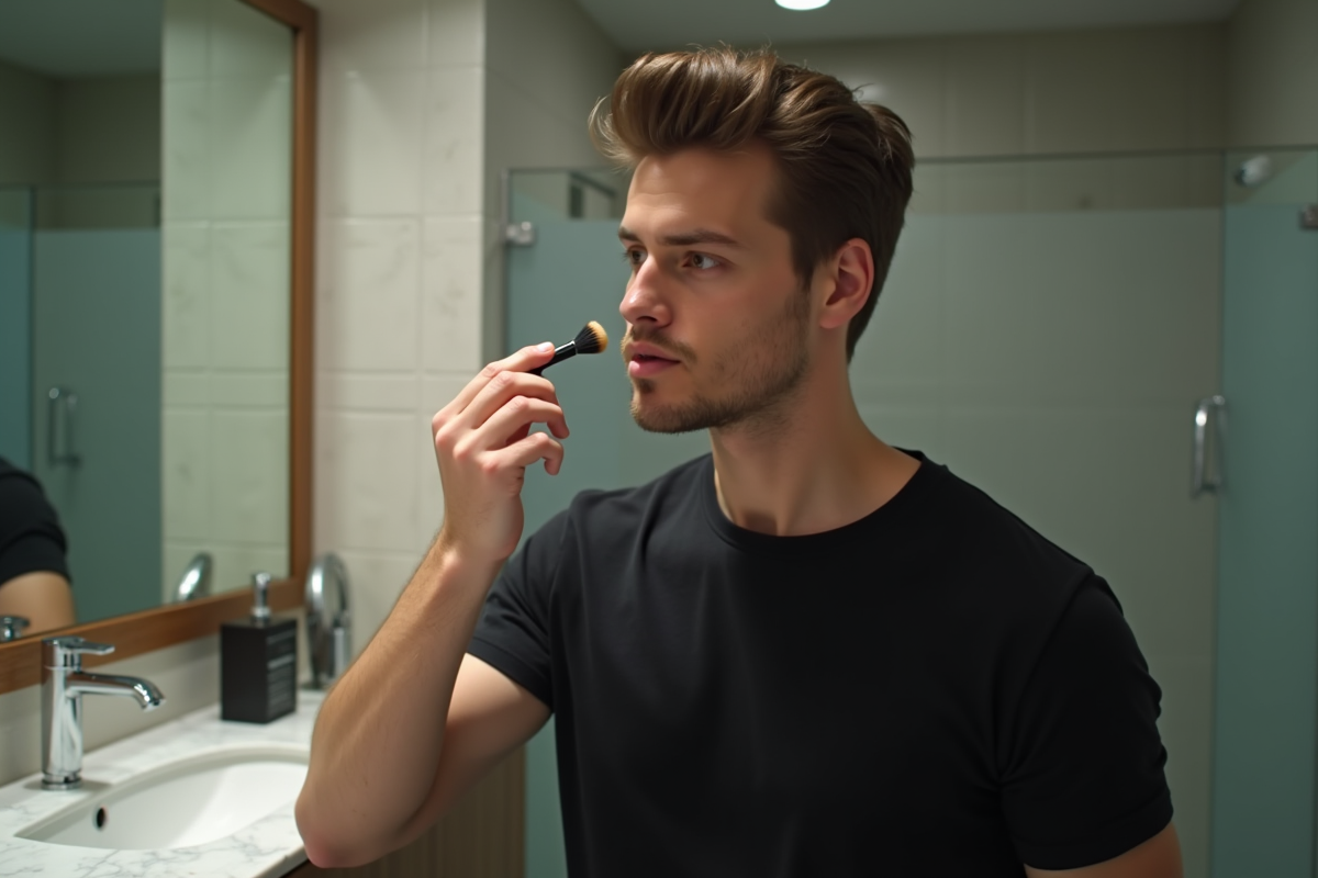 Jeune homme appliquant du fond de teint dans sa salle de bain