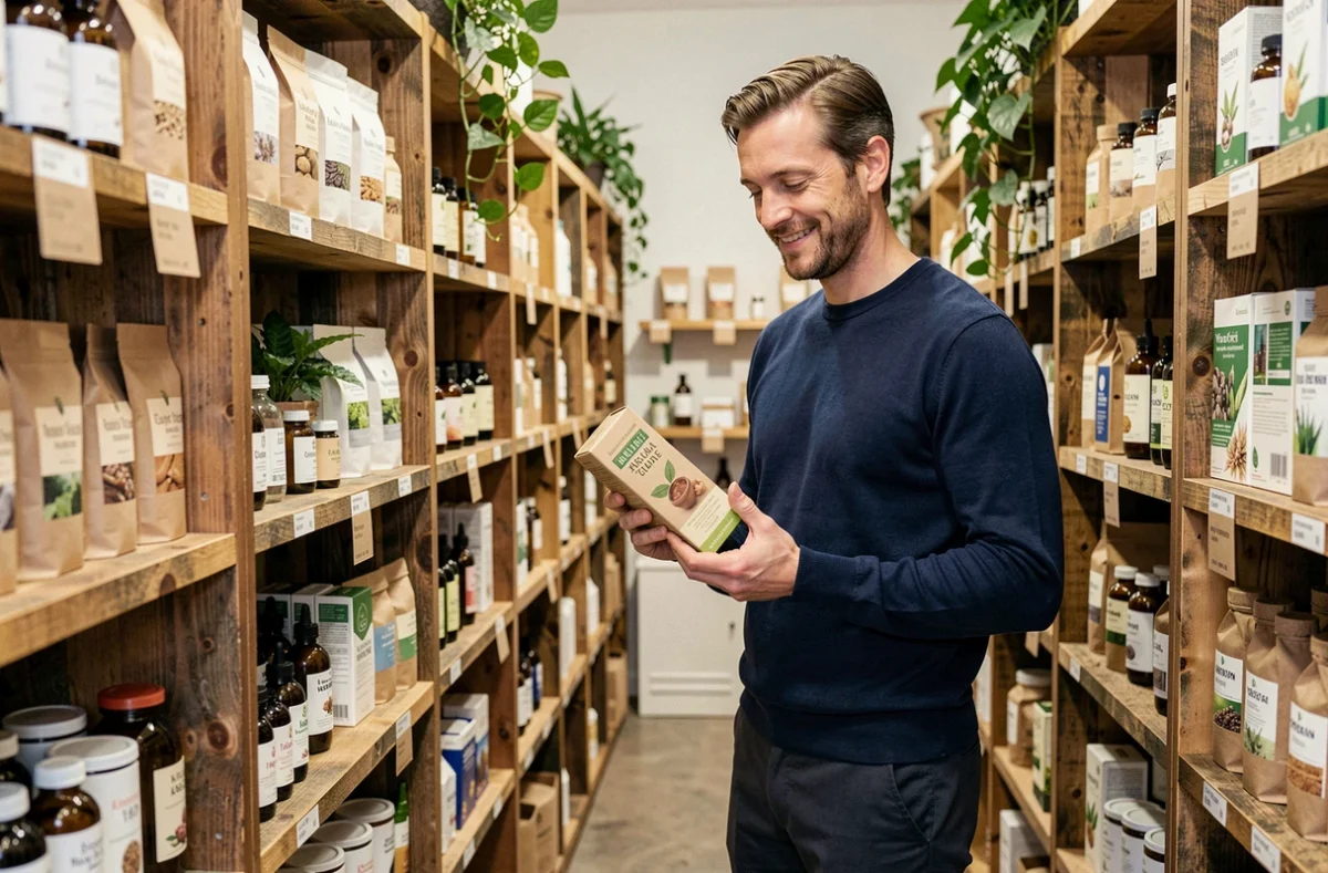 Homme comparant des produits naturels dans une boutique spécialisée aux rayonnages en bois
