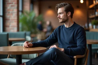 Homme en café avec style naturel et coiffure discrète