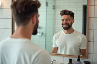 Homme aux cheveux mi-longs dégradés se coiffant devant un miroir de salle de bain le matin