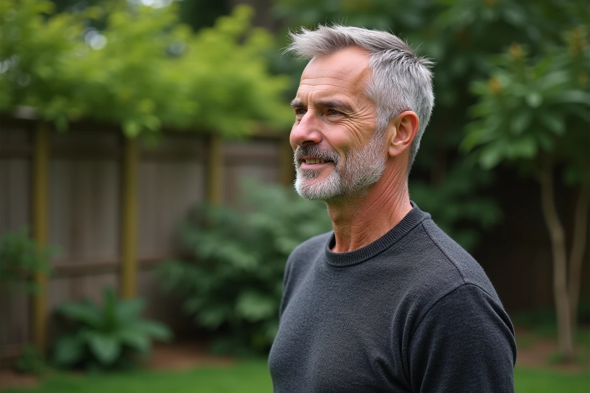 Homme aux cheveux salt and pepper dans un jardin