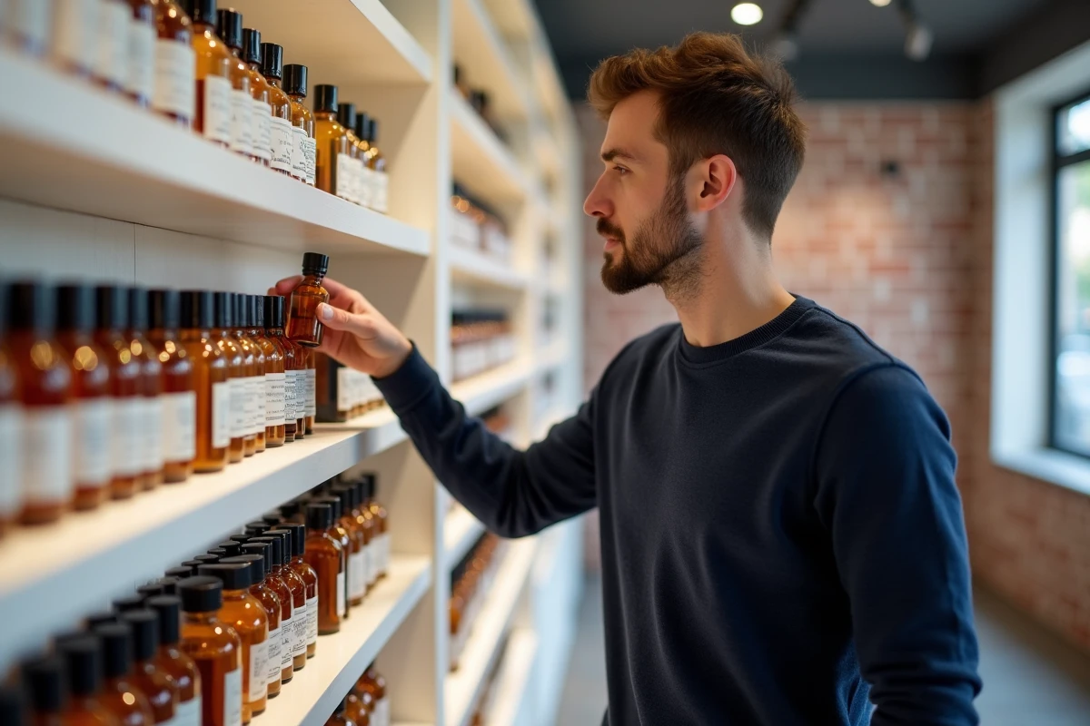 Homme choisissant un flacon de parfum dupe sur une étagère de style apothicaire dans une boutique moderne