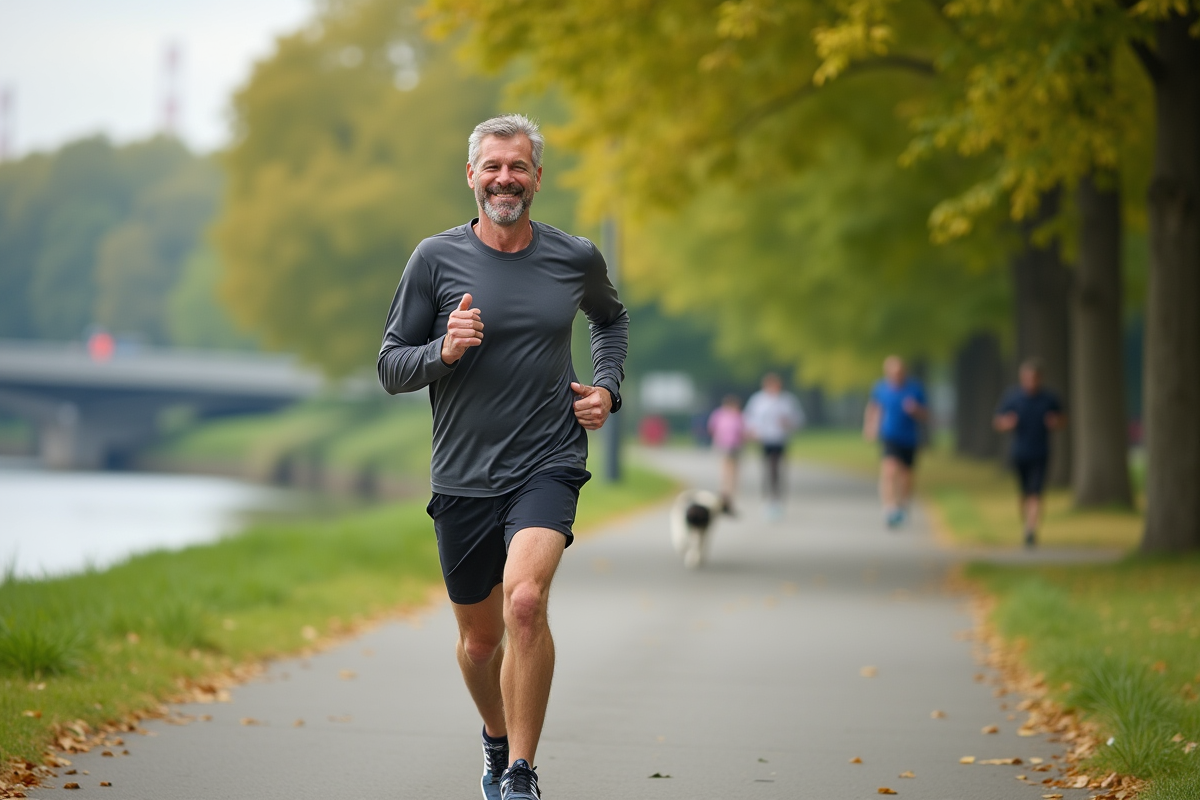 Homme en jogging dans un parc au bord de la rivière