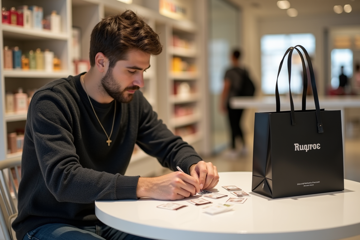 Jeune homme choisissant des échantillons de parfum en magasin