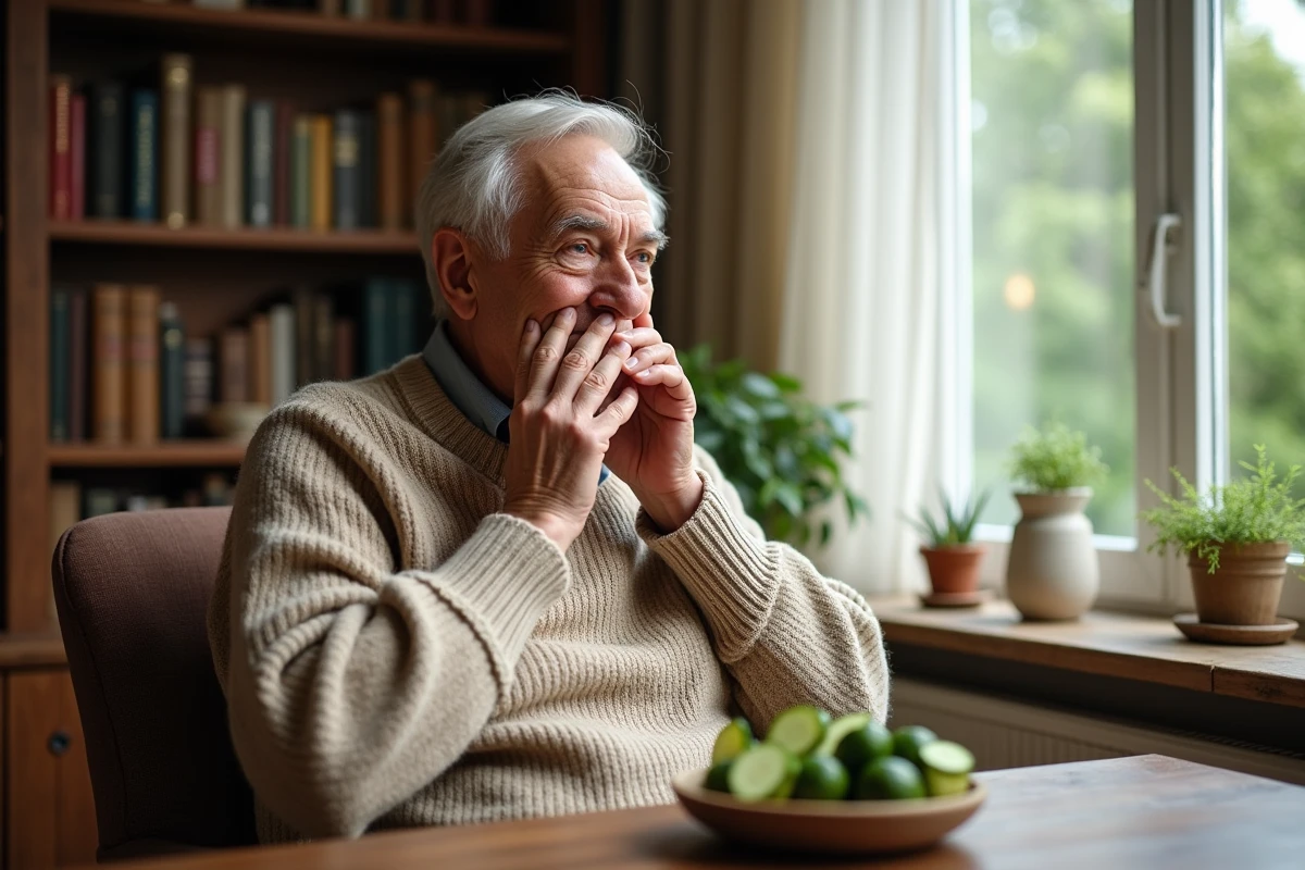 Homme âgé se massant le visage avec des tranches de concombre