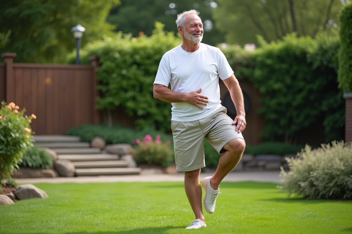 Homme senior faisant des étirements dans un jardin paisible