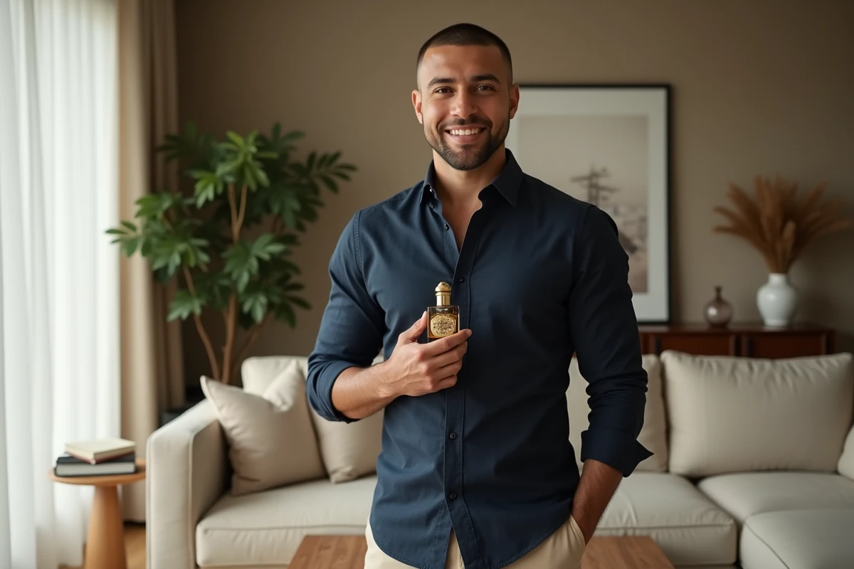 Homme tenant un flacon de parfum oud Abdul Samad dans un salon contemporain, illustrant une utilisation quotidienne discrète du parfum oriental
