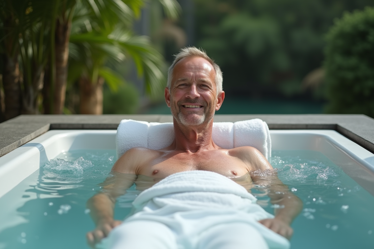 Homme relaxant dans un spa extérieur avec piscine