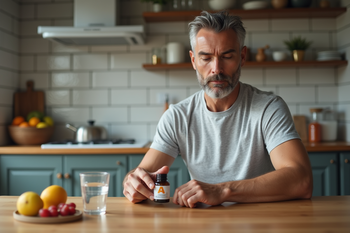 Homme lisant une bouteille de vitamine dans la cuisine