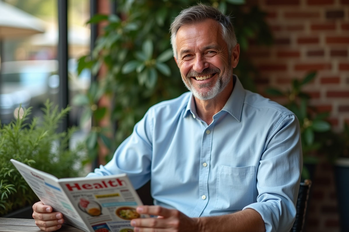Homme souriant lisant un magazine dans un cafe