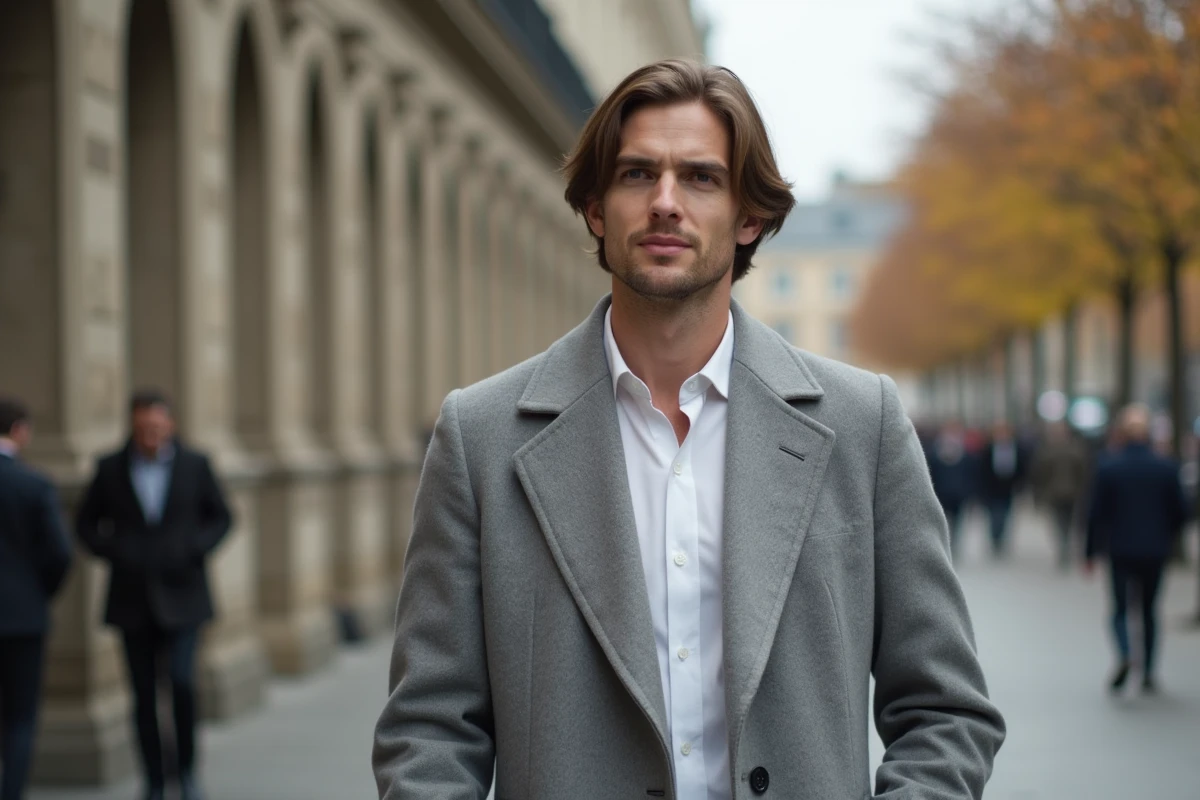 Homme en manteau gris marche dans la ville en automne