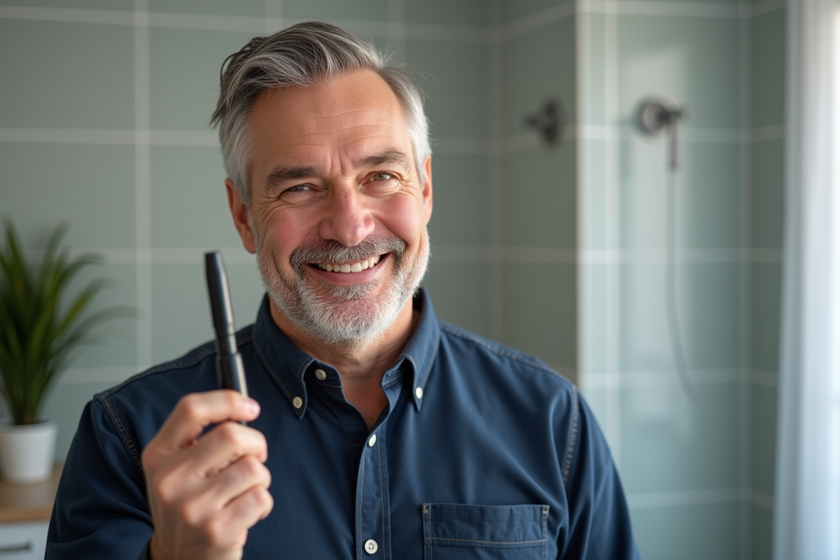Homme souriant tenant un mascara dans une salle de bain moderne