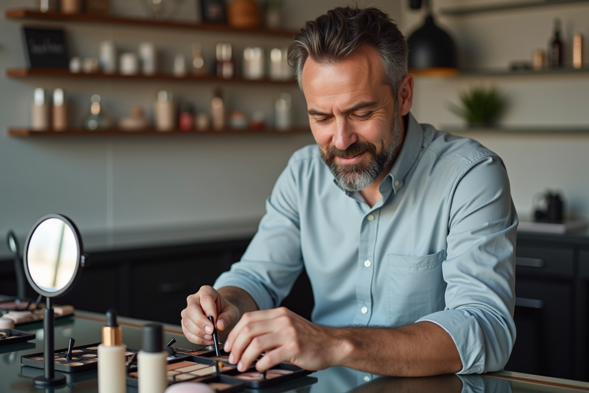 Homme organise un kit de maquillage dans un studio professionnel