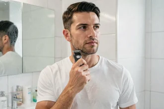 Homme utilisant un rasoir électrique Gillette devant son miroir de salle de bain le matin