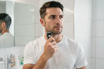 Homme utilisant un rasoir électrique Gillette devant son miroir de salle de bain le matin