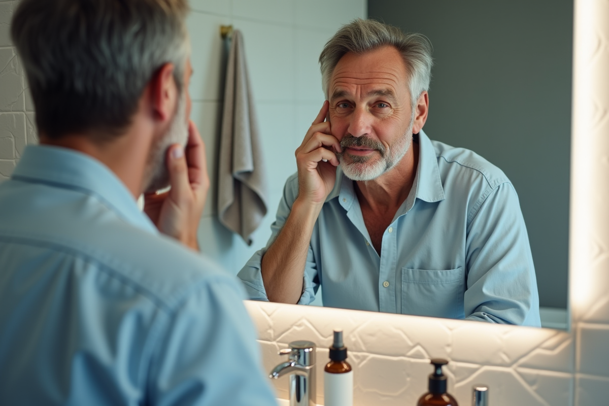 Homme regardant son reflet en touchant sa joue dans la salle de bain