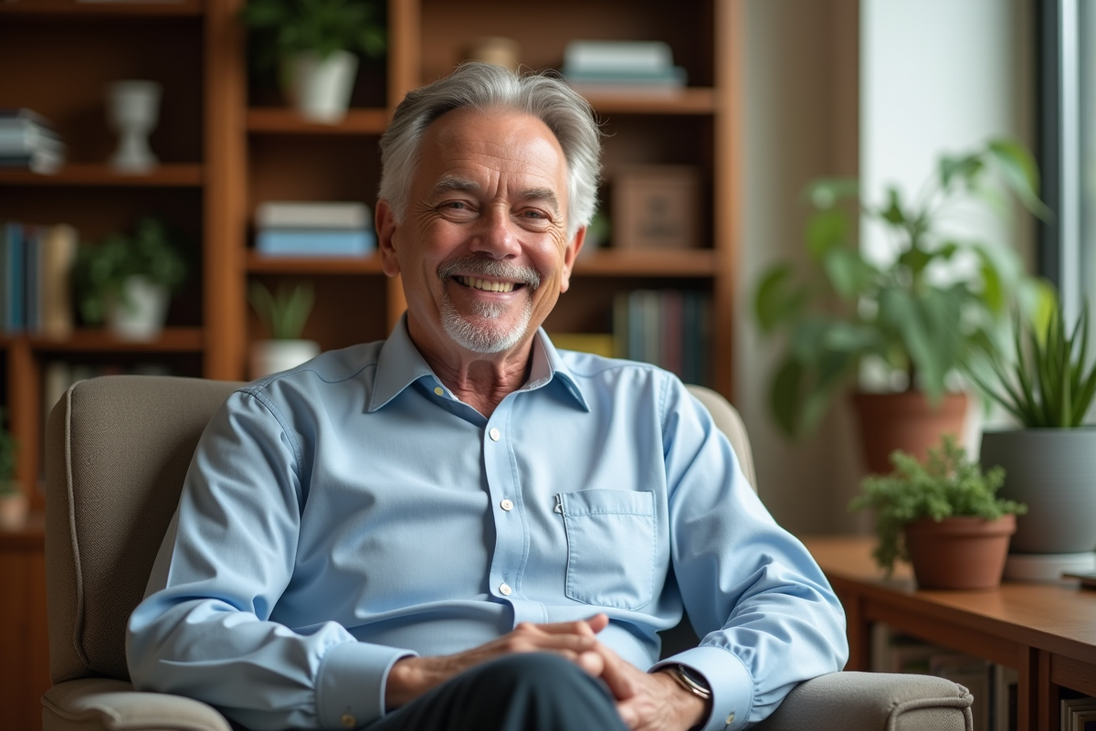 Homme mature souriant dans un salon chaleureux