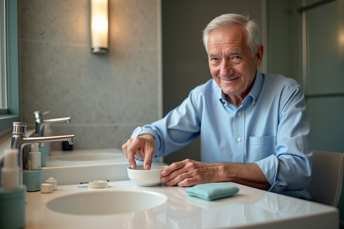 Homme âgé trempant ses doigts dans un bol d