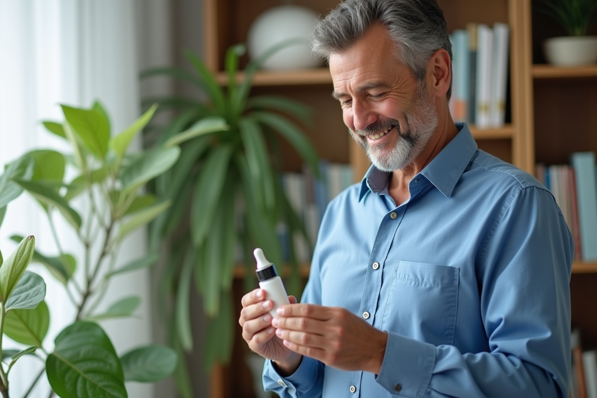 Homme regardant un serum de soin dans un bureau lumineux
