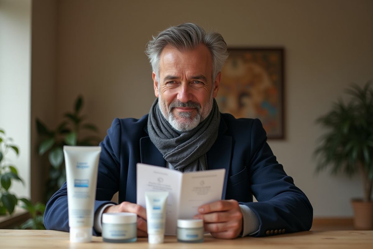 Homme lit une fiche produit de soin à la maison