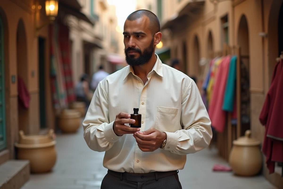 Homme nord-africain en chemise lin ivoire appliquant du parfum au poignet dans une ruelle de souk aux murs en pierre dorée