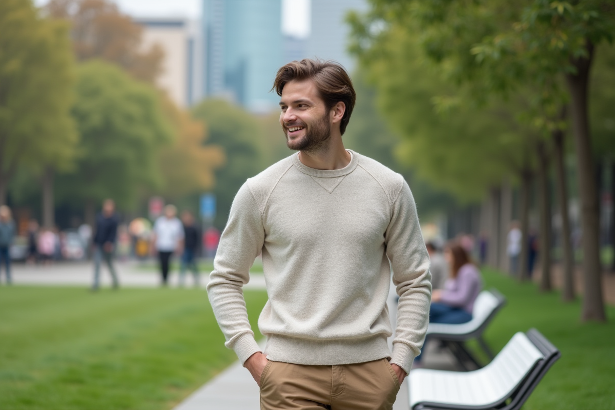 Homme souriant dans un parc urbain dynamique