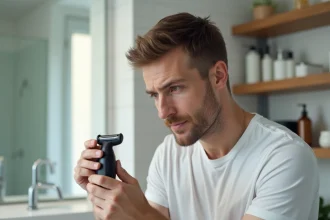 Homme tenant un rasoir Philips OneBlade 360 dans une salle de bain moderne pour vérifier la compatibilité du modèle