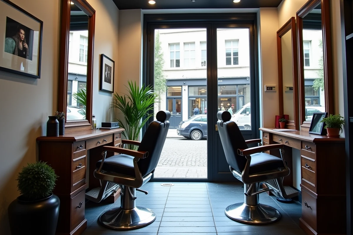 Vue intérieure du salon VANITY Barber Shop à Lille avec fauteuils de barbier, miroirs vintage et décoration urbaine soignée