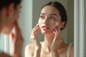 Jeune femme appliquant un primer sur ses joues devant un miroir