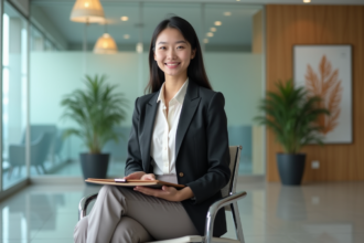 Jeune femme en bureau moderne souriante et professionnelle