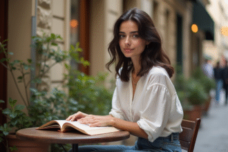 Jeune femme lisant dans un café parisien en plein air