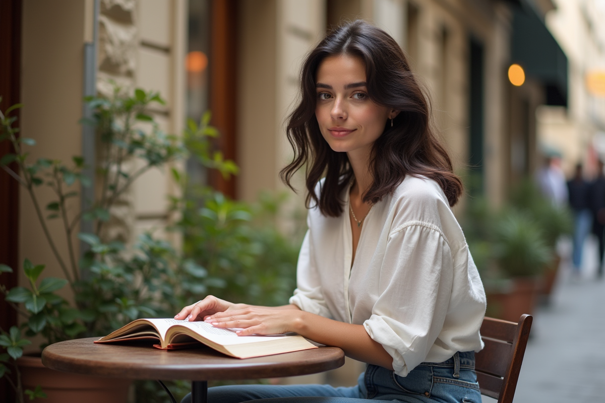 Jeune femme lisant dans un café parisien en plein air
