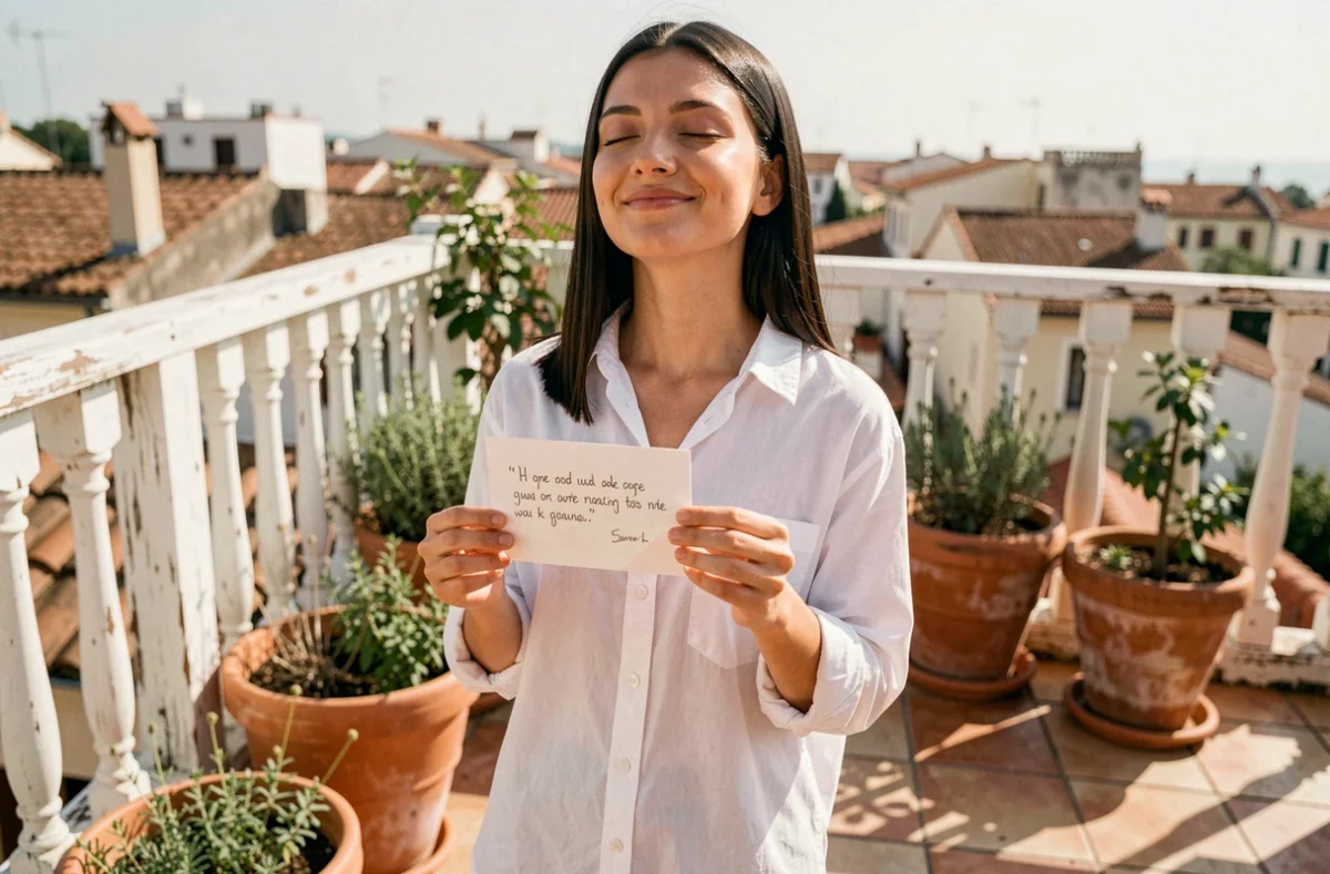 Jeune femme tenant une carte avec une citation sur la beauté et l'amour de soi sur une terrasse méditerranéenne ensoleillée