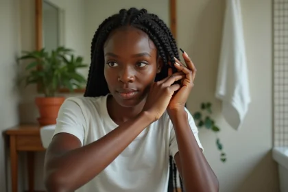 Jeune femme noire en t-shirt hydrate ses cheveux en cornrows