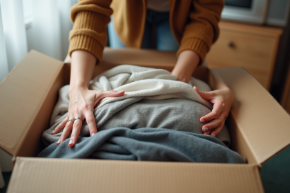 Jeune femme emballant des vêtements usagés pour expédition