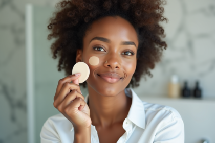 Jeune femme appliquant du fond de teint sur le visage