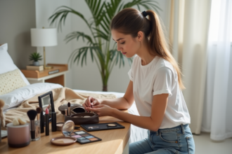 Jeune femme assemble ses produits de maquillage dans sa chambre lumineuse