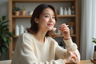 Jeune femme appliquant du blush dans un salon cosy