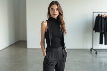 Jeune femme en turtleneck noir dans un studio minimaliste