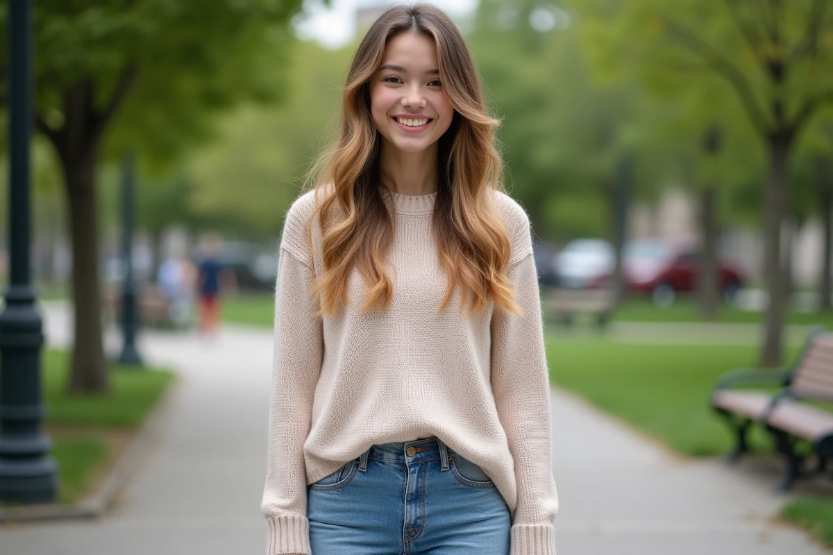Jeune femme souriante dans un parc avec balayage
