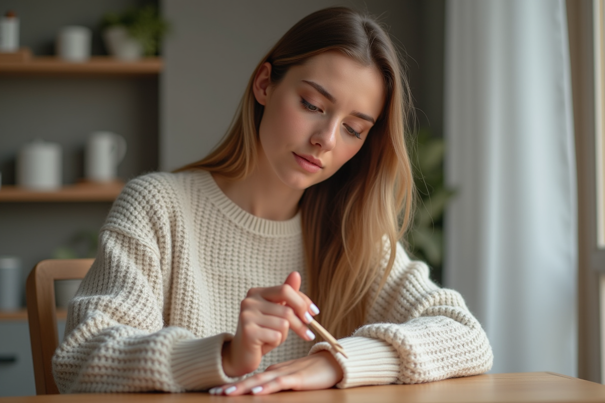 Jeune femme retirant un gel nail avec un bâton en bois