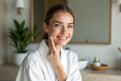 Jeune femme appliquant un serum visage dans sa salle de bain