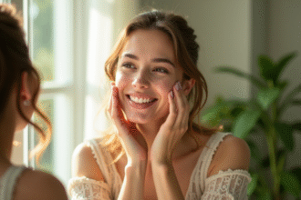 Jeune femme souriante appliquant soin visage devant miroir