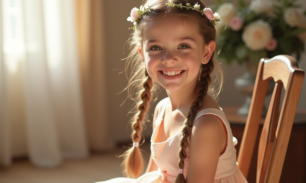 Jeune fille souriante avec tresses et accessoires floraux