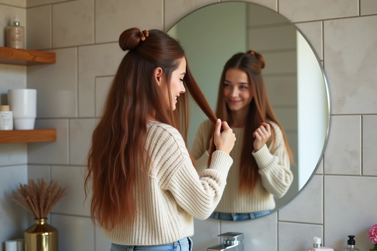 Jeune fille détachant un kardoune dans la salle de bain