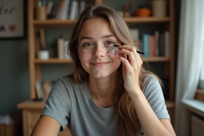 Jeune fille souriante appliquant un maquillage web autour de l'œil