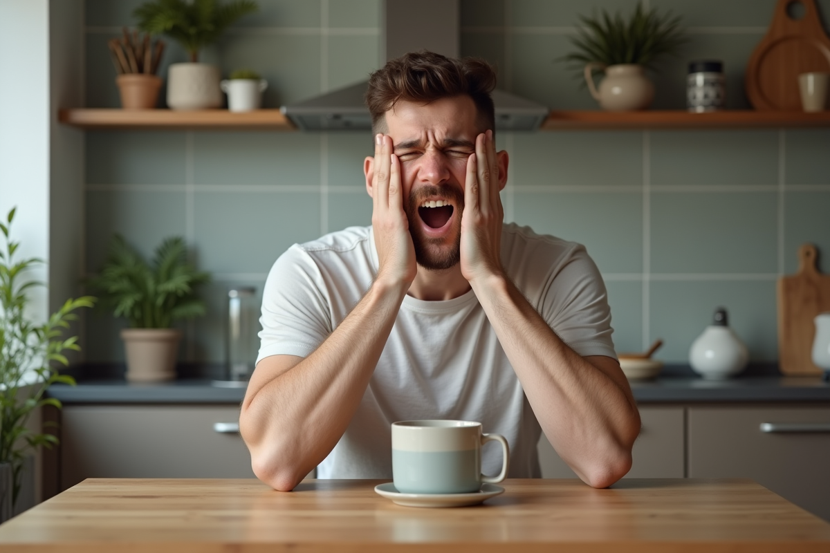 Jeune homme dans la cuisine au matin avec tasse