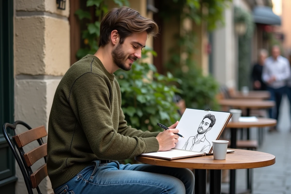 Jeune homme dessinant dans un café en ville