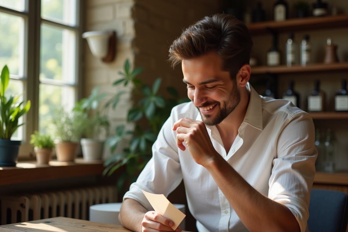 Jeune homme sentant un parfum dans un atelier lumineux